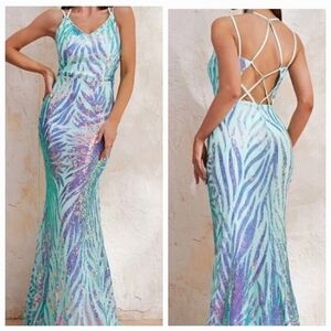 Multicolor Party Graphic Holographic,Contrast Sequined Mermaid Gown